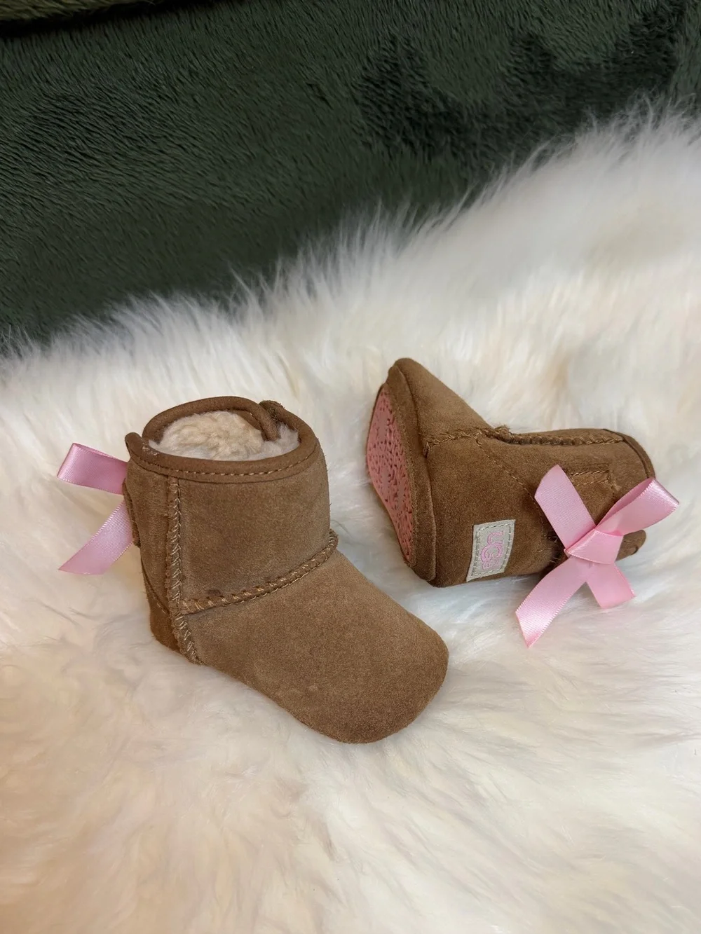 Ugg Jesse Bow ll Infant Baby Suede Winter Booties Chestnut/Pink Size 0/1